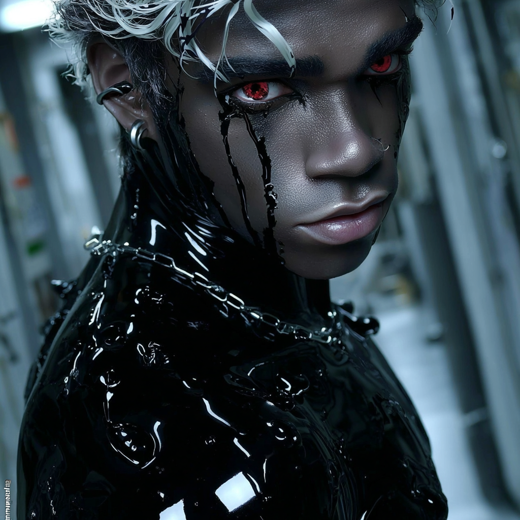 Troy Alexander in a black futuristic look with red eyes